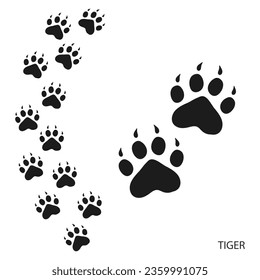 Paw prints, animal tracks, tiger footprints pattern. Icon and track of footprints. Black silhouette. Vector