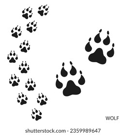 Paw prints, animal tracks, wolf footprints pattern. Icon and track of footprints. Black silhouette. Vector