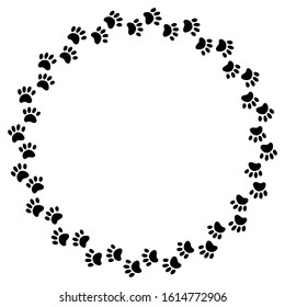 Paw prints black silhouette wreath ornament design. Animal hand drawn childish image of a paw prints in circle