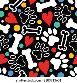 Paw prints, bones, hearts. Funny children's seamless pattern. Can be used in textile industry, paper, background, scrapbooking.Vector. - Shutterstock ID 2183713681