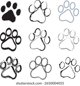 Paw Prints. Cute pets and Dogs pets paw print isolated on white background. Animal paw prints.