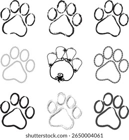 Paw Prints. Cute pets and Dogs pets paw print isolated on white background. Animal paw prints.