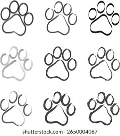 Impressões de patas. Animais bonitos e cães animais de estimação pata impressão isolado no fundo branco. Impressões de patas de animais.
