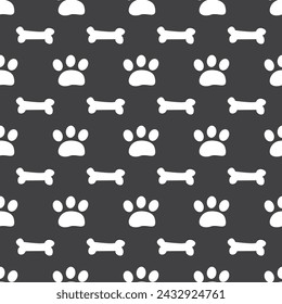 Paw prints and dog bone seamless pattern. Monochrome texture, black and white wallpaper. flat vector Illustration