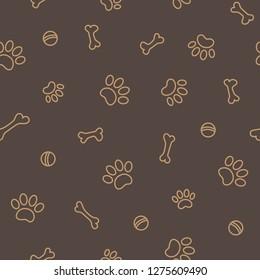 Paw prints dogs and bones on dark brown background seamless pattern outline vector design 