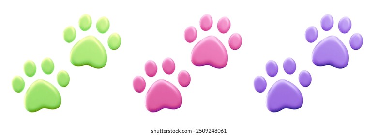 Impressões de patas de animais domésticos, ícones vetoriais 3D de diferentes cores.