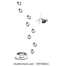 paw prints is a feeder for the cat sketch vector graphics monochrome black-and-white drawing