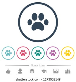 Paw prints flat color icons in round outlines. 6 bonus icons included.