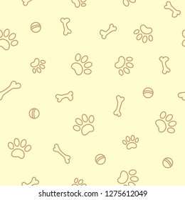 Paw prints footprints dog, bones and balls on a light yellow background seamless pattern outline style