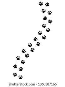 Paw prints. Footprints for pets, dog or cat. Pet print pattern. Foot puppy. Black silhouette shape paw. Footprint pet. Animal track. Trace dogs, cats. Cute background turn right. Design walks. Vector