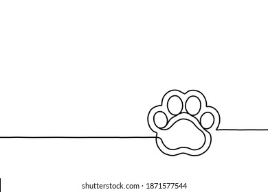 Paw prints. Hand drawn background footprint pet, dog or cat. continuous line. Drawing single outline. Foot puppy. Black silhouette paw. Cute paw print. Design for prints. Trace foot dog, cat. Vector