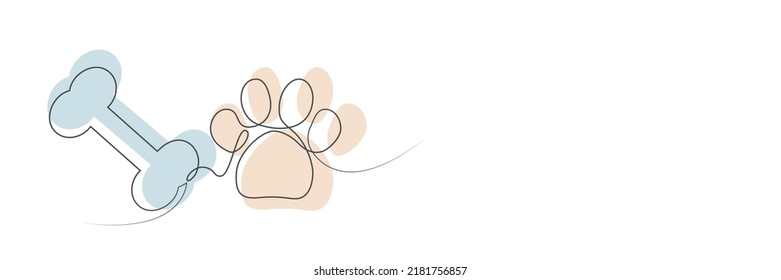 Paw prints. Hand drawn background footprint pet, dog or cat. continuous line. Drawing single outline. Foot puppy. Black silhouette paw. Cute paw print. Design for prints. Trace foot dog, cat.