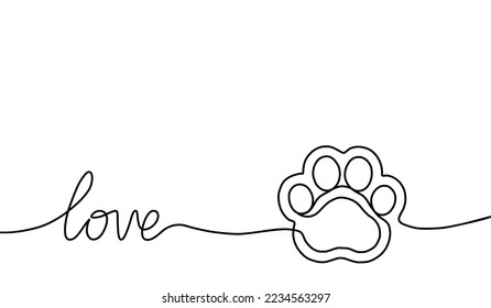 Paw prints. Hand drawn background footprint pet, dog or cat. Continuous line. Drawing single outline. Foot puppy. Black silhouette paw. Cute paw print. Design trace foot prints. Vector illustration