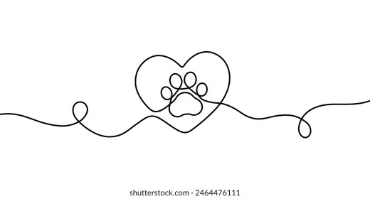 Paw prints. Hand drawn background footprint pet, dog or cat. Continuous line animal. Drawing single outline. Foot marks. Black silhouette paws. Cute print for design. Trace bg. Vector illustration