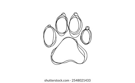 Paw prints. Hand drawn background footprint pet, dog or cat. Continuous line animal. Drawing single outline. Foot marks. Black silhouette paws. Cute print for design. Trace bg. Vector illustration