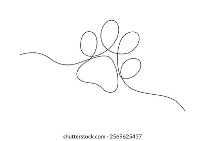 Paw prints. Hand drawn background footprint pet, dog or cat. Continuous line animal. Paw drawn in one continuous line. One line drawing.