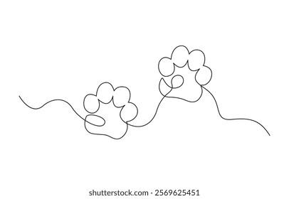 Paw prints. Hand drawn background footprint pet, dog or cat. Continuous line animal. Paw drawn in one continuous line. One line drawing.