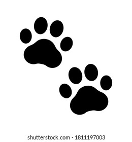 Paw prints. Icon dog puppy and cat. Footprint pet. Foot puppy isolated on white background. Black silhouette paw. Cute shape paw print. Walk pets for design . Animal paw track. Trace walks. Vector
