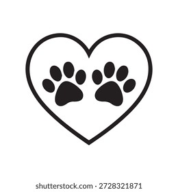 Impresiones de patas dentro de una forma de corazón que simboliza el amor por las mascotas minimalista ilustración en blanco y negro con líneas limpias y diseño audaz