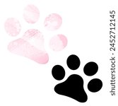 Paw Prints. Logo. Vector Illustration. Set of two cards. Watercolor style. Pink color. Black card.