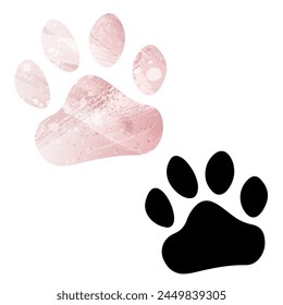 Impresiones de pata. Logo. Ilustración vectorial. Juego de dos cartas. Estilo acuarela. Color rosa. Tarjeta negra.