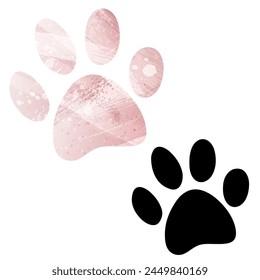 Paw Prints. Logo. Vector Illustration. Set of two cards. Watercolor style. Pink color. Black card.