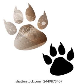 Impresiones de pata. Logo. Ilustración vectorial. Juego de dos cartas. Estilo acuarela. Color marrón. Tarjeta negra.