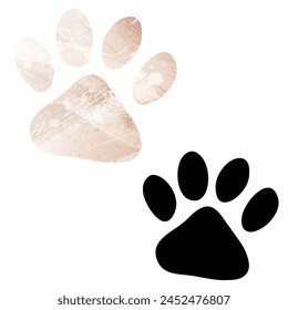 Impresiones de pata. Logo. Ilustración vectorial. Juego de dos cartas. Estilo acuarela. Color beige marrón. Tarjeta negra.