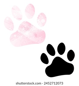 Impresiones de pata. Logo. Ilustración vectorial. Juego de dos cartas. Estilo acuarela. Color rosa. Tarjeta negra.