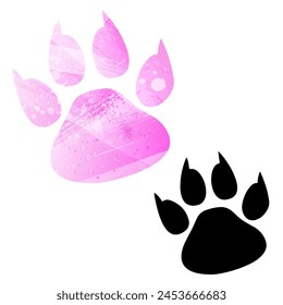 Paw Prints. Logo. Vector Illustration. Set of two cards. Watercolor style. Pink color. Black card.