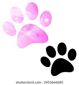 Paw Prints. Logo. Vector Illustration. Set of two cards. Watercolor style. Pink color. Black card.