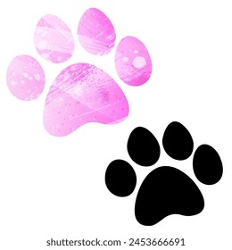 Paw Prints. Logo. Vector Illustration. Set of two cards. Watercolor style. Pink color. Black card.