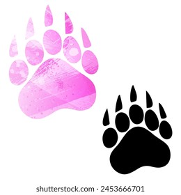 Impresiones de pata. Logo. Ilustración vectorial. Juego de dos cartas. Estilo acuarela. Color rosa. Tarjeta negra.