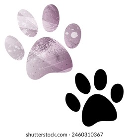 Paw Prints. Logo. Vector Illustration. Set of two cards. Watercolor style. Purple color. Black card.
