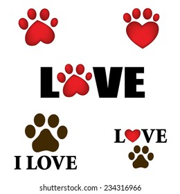 Paw prints with I love text. Animal lover design with heart shaped paws 