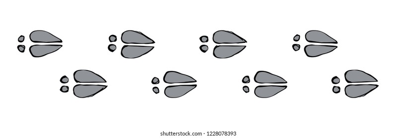 paw prints on white  backdrop. Outline black ink hand drawn hoofprint emblem.