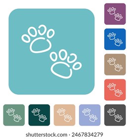 Paw prints outline white flat icons on color rounded square backgrounds