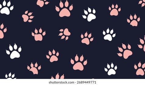 Paw prints pattern design featuring various colors and sizes on a dark background