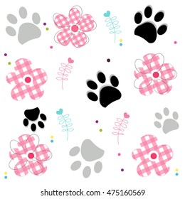 Paw prints with plaid pattern abstract flower vector illustraton background