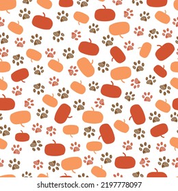 Paw prints and pumpkins. Happy Halloween background, greeting card, fabric design seamless pattern