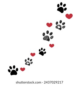 Paw prints and red hearts lovely design illustration
