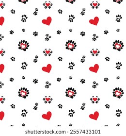 Paw Prints and Red Hearts Seamless Pattern in Black and White for Pet Lovers