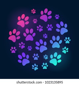 Paw Prints round bright and colored illustration. Vector dog footprints circular sign on dark background