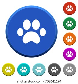 Paw prints round color beveled buttons with smooth surfaces and flat white icons