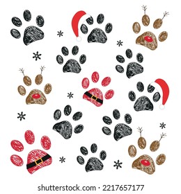 Paw prints with Santa Claus, Deer and red hat. Happy new year and Christmas design made of paw prints