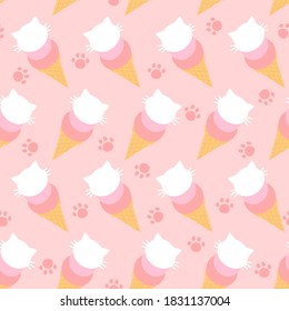 Paw prints seamless pattern with ice cream and cat head on pink background vector illustration. Funny cartoon style.