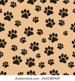 Paw prints seamless pattern with light brown background