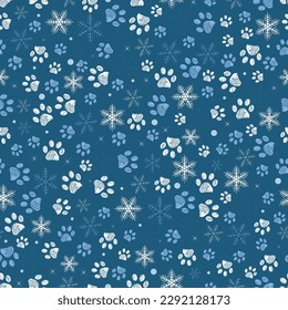 Impresiones de pata con fondo azul copos de nieve. Patrón de diseño de tejido sin inconvenientes