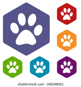 Paw rhombus icons set in different colors. Vector Illustration