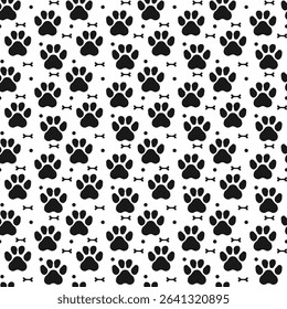 Paw seamless pattern with dog or cat footprint. Animal pet pawprint background